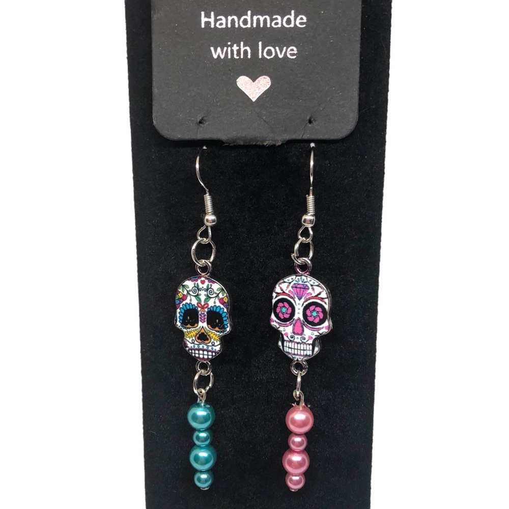Handmade Sugar Skull Earrings Skull Dangle Beaded Jewelry Day Of The Dea…